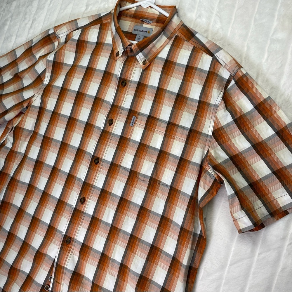 Vtg Orange Check Plaid Relaxed Fit Carhartt Short Sleeve Button Shirt Men’s XL